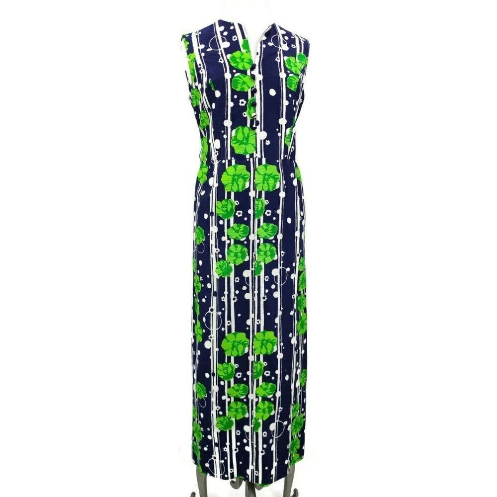 Vintage 60s Gregg Draddy Maxi Dress Womens 10/12? Navy Blue Green Floral